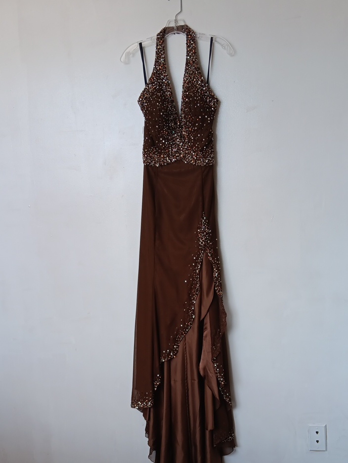 Riva Designs Brown (Coffee) Beaded Halter High-Low Evening Gown